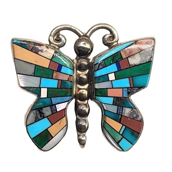 Melvin Cleveland Navajo Stone Inlay Butterfly Sterling Silver Brooch Pin Pendant - Picture 1 of 12